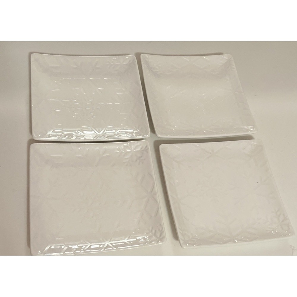 4 Piece Set Crate & Barrel Snowflake Square Plates Appetizer 6.25"White Embossed